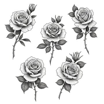 Five elegant grayscale rose tattoo designs set against a plain white background, showcasing intricate shading and fine line floral art style, sketch, botanical, shading