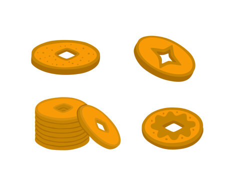 Flat vector illustration of a Chinese coin collection featuring decorative coins with geometric and floral designs, symbolizing wealth, fortune, luck and prosperity.