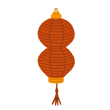 Flat vector illustration of a Chinese lantern with a double round shape, traditional striped pattern and decorative tassel. Festive ornament for Lunar New Year and cultural designs.