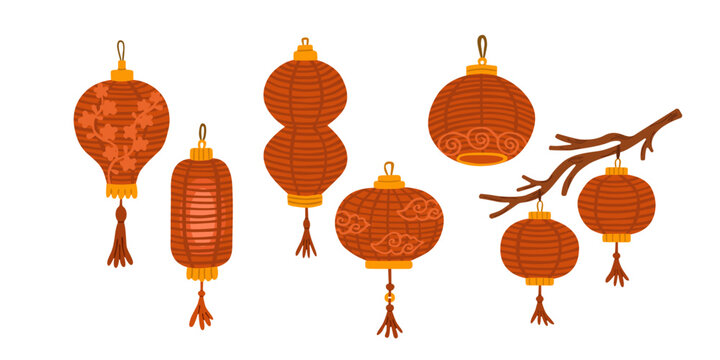 Flat vector illustration of a Chinese lantern collection with varied shapes, patterns and tassels, plus lanterns hanging from branches. Festive decoration for Lunar New Year designs.