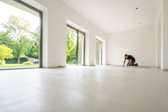 Un trabajador coloca el piso en una sala vac&iacute;a con ventanas grandes y vista al jard&iacute;n