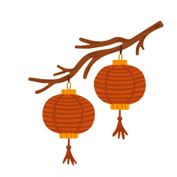Flat vector illustration of Chinese lanterns hanging from a tree branch, featuring traditional patterns and tassels. Festive decoration for cultural and holiday designs.