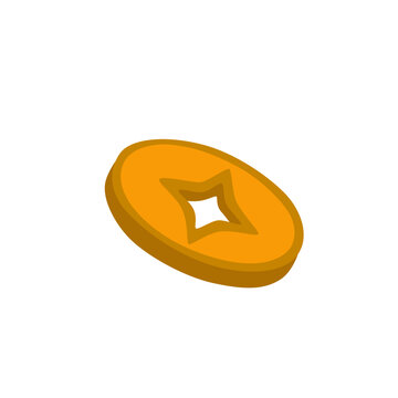 Flat vector illustration of a Chinese coin with a star shaped center hole, symbolizing wealth, fortune, luck and prosperity in traditional Asian culture.