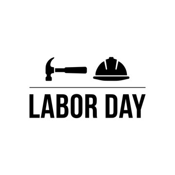 Labor day graphic with hammer and construction helmet silhouette on white background