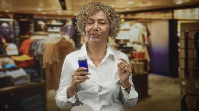 Woman holding blue pill bottle and points finger up amid clothing racks in a retail store building; confidence guidance.