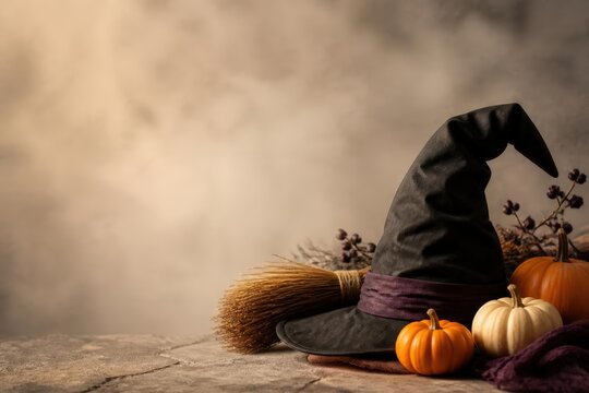 Witch hat broom and pumpkins Halloween still life
