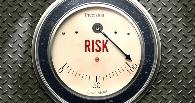 Risk  meter that is hitting a full scale, showing rising levels of risk, overload of it, too much of it. Maximum value, off the charts.