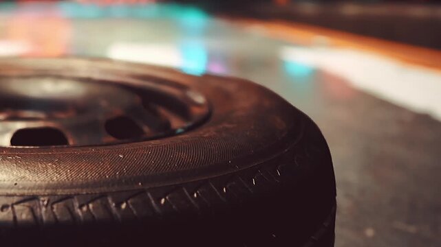 A tire is placed on a racing track. The setting is an arena with colorful lights visible in the background. The scene captures a moment during a racing event.