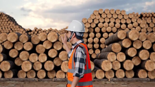 Side View of Asian Male Engineer Waving Hand Saying Bye While Walking with Stacked timber logs pile at outdoor lumber yard