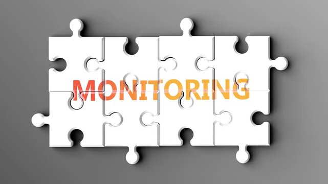 Monitoring being a complex topic - puzzle pieces with word monitoring coming together to make a whole. Monitoring made of many fitting parts, a compound subject.