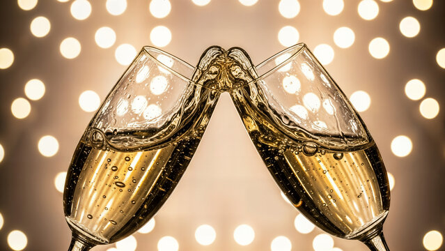 Two crystal champagne glasses clinking together with golden bubbles inside and warm glowing lights bokeh in background representing celebration and luxury festivity.