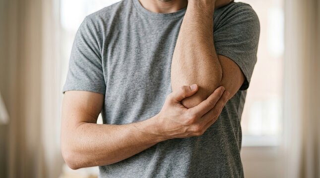 Man suffering from elbow pain touching arm in pain