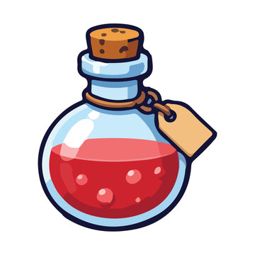 Magical red potion bottle with label