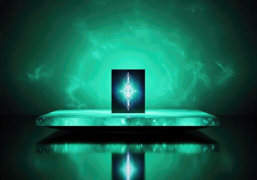 Mystical emerald platform glows with jade nebula light above a sleek reflective base, creating a luxury cosmic background for wellness art, cosmic, platform, glow