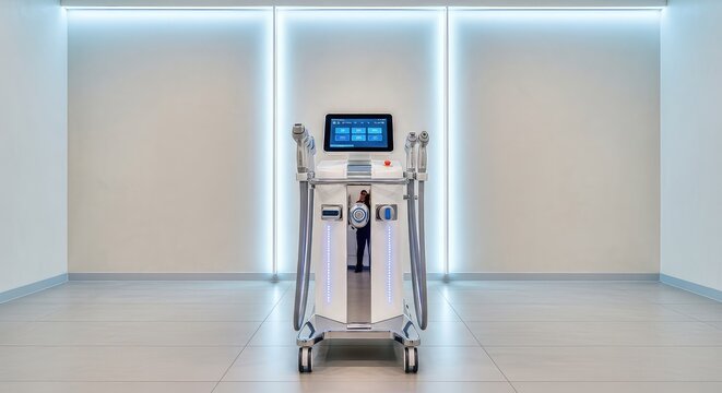 Modern medical equipment for body contouring and fat removal procedures inside a sterile aesthetic clinic with bright professional lighting, therapy, tissue, system