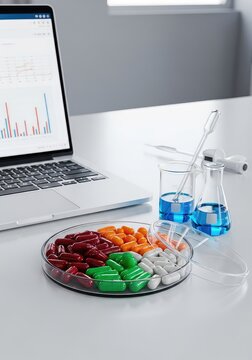 Professional quality control station in a modern laboratory with a laptop, various dietary supplement capsules, and scientific glassware, research, precision, laboratory