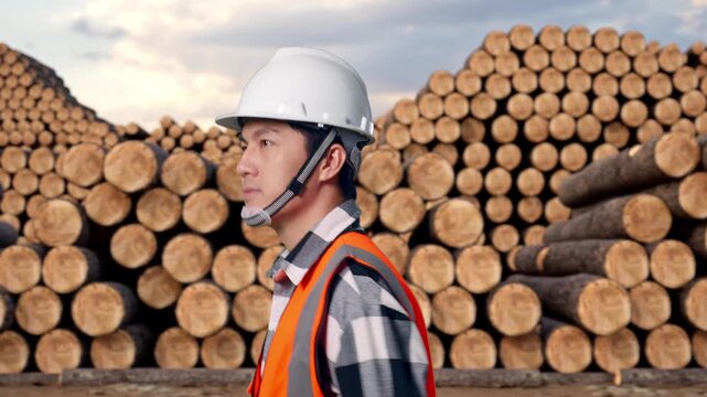 Side View of Asian Male Engineer Walking with Stacked timber logs pile at outdoor lumber yard