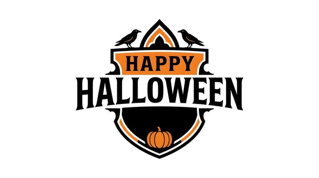Vintage style happy halloween emblem with pumpkin bats and decorative frame