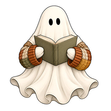 Whimsical ghost reading a book with knitted sleeves, isolated on transparent background, cozy autumn vibe
