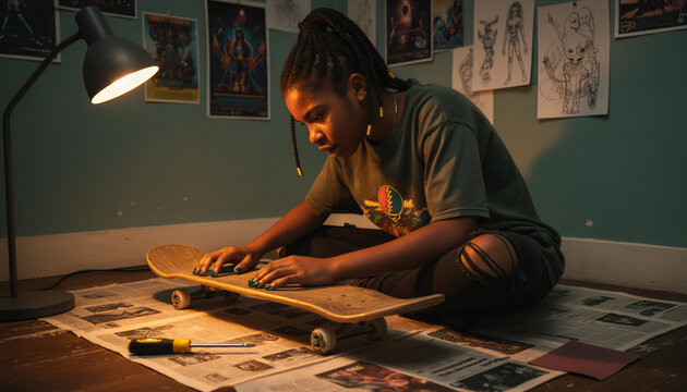 Dedicated urban skater customizing skateboard deck sitting on messy bedroom floor using repair tools under dramatic desk lamp lighting with dark copy space