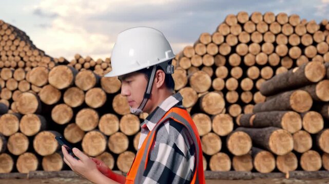 Side View of Asian Male Engineer Use Smartphone While Walking with Stacked timber logs pile at outdoor lumber yard