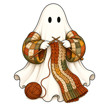 Cozy ghost wearing patchwork sleeves knitting a warm scarf isolated on transparent background