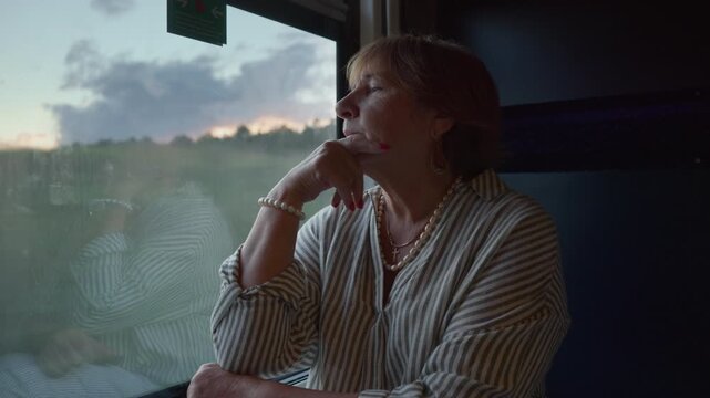Pensive senior woman rests her chin on hand looking out train window. Thoughtful elderly passenger enjoys peaceful railway travel. Concept of nostalgic journey and calm retirement lifestyle.
