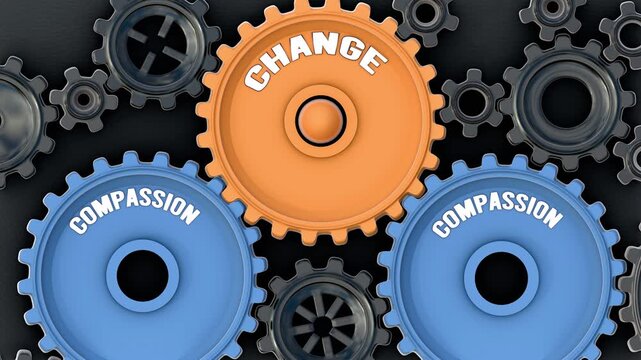 Compassion powers change. It's the driving force that turn Change into reality. Compassion sets change in motion. Engine gears metaphor. Made for humans by humans, no AI