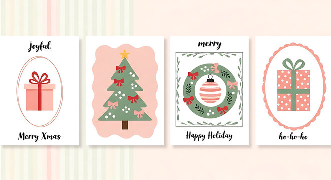 Set of minimalist Christmas card designs with a holiday greeting featuring minimalist illustration of an Xmas gift and tree in soft pastel colors