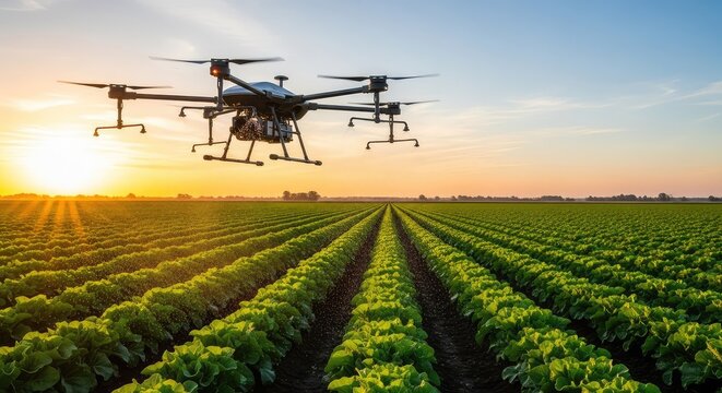 Sleek high-tech drone hovers above lush green vegetable rows, spraying fine mist at dawn as soft sunlight illuminates the rural landscape, view, machinery, fields