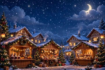 Obraz premium Traditional European Christmas market stalls decorated with lights under a moonlit snowy sky