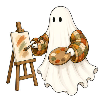 Artistic ghost painting on an easel with a palette, isolated on transparent background