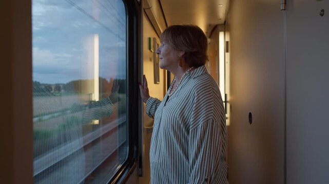 Senior female passenger approaches window in a train corridor to look outside. Elderly woman enjoys a comfortable railway trip at sunset. Concept of active retirement lifestyle and solo travel.