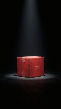 A single red cardboard box with the word LIMITED printed on its side, illuminated by a spotlight against a dark background