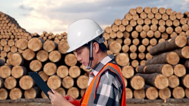 Side View of Asian Male Engineer Use Tablet While Walking with Stacked timber logs pile at outdoor lumber yard