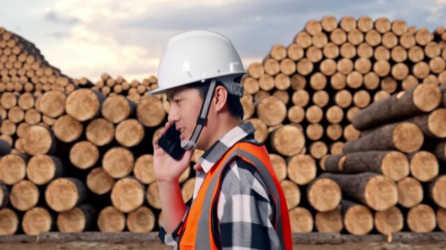 Side View of Asian Male Engineer Talking On Smartphone While Walking with Stacked timber logs pile at outdoor lumber yard
