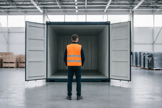 A man in an orange safety vest stands facing inside a large shipping container in a warehouse.