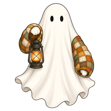 Cozy ghost wearing patchwork sleeves holding a glowing lantern isolated on transparent background
