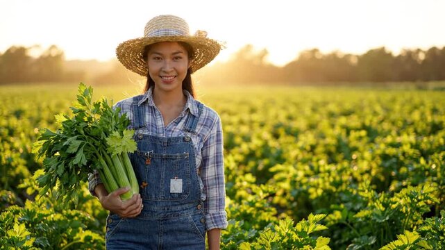Smiling Asian Female Farmer Holding Fresh Celery at Sunset