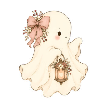 Cute ghost holding a glowing lantern with flowers isolated on transparent background, art