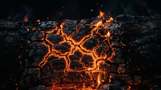 Close up of glowing embers and cracked charcoal wood with sparks flying in the dark