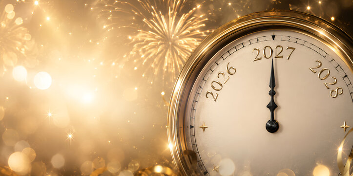 Vintage clock showing New Year 2027 with fireworks and golden bokeh background