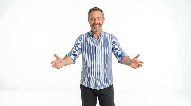 A smiling middle-aged man with short brown hair opens his arms wide, welcoming you with a friendly gesture.