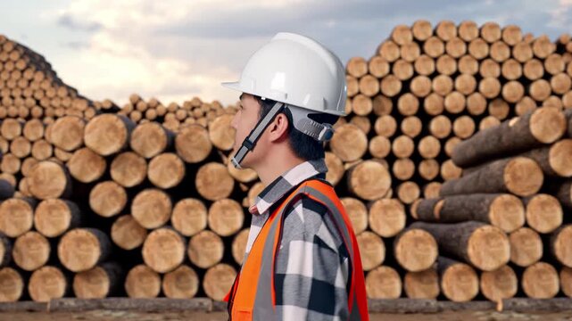 Side View of Asian Male Engineer Waving Hand Saying Bye While Walking with Stacked timber logs pile at outdoor lumber yard