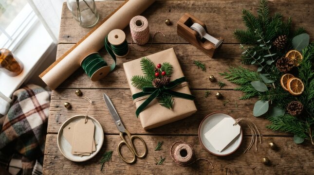 Christmas gift wrapping station with rustic wooden table and festive decorations