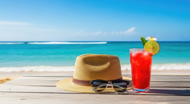 Vibrant tropical beach scene featuring a straw hat, sunglasses, and refreshing cold drink on a wooden table with turquoise ocean waves behind, nature, water, beach