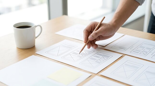 UX Designer Sketching Mobile App Wireframes on Paper with Pencil at Office Desk