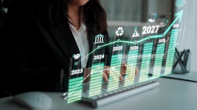 Business Professional Analyzing Growth Trends with Futuristic Graphs and Digital Interface for Sustainable Development Goals and Economic Projections Sigmoid