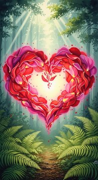 Vibrant watercolor rose petals swirl into a glowing heart shape amidst a misty, cinematic woodland with soft morning light and lush ferns, fantasy, organic, fog