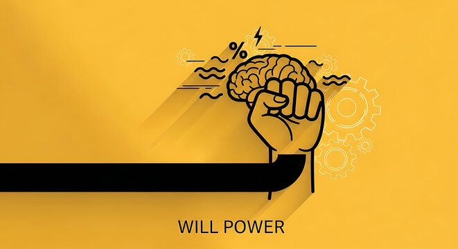 Clenched fist Conceptual illustration of willpower and mental strength showing a fist holding a brain representing brain power determination